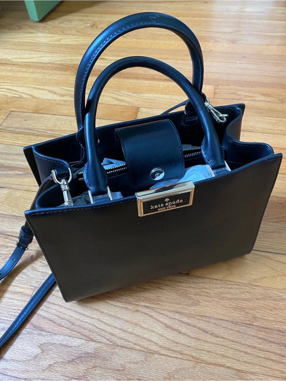 kate spade Black Leather Structured Top-Handle Satchel with Crossbody Strap